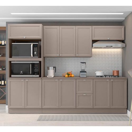 Cozinha Compacta Poliman Unna com 11 Portas, 2 Gavetas e 4 Prateleiras - 270cm de largura Fumê