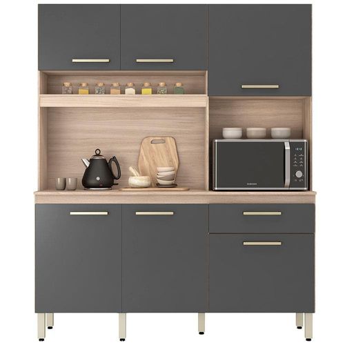 Cozinha Compacta Demóbile Álamo com 6 Portas e 1 Gaveta - 160 cm de Largura Avena/Grafito