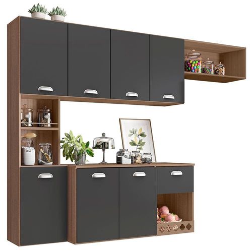 Cozinha Compacta Suspensa Poliman Mila com 7 Portas, 1 Prateleira e 1 Gaveta - 180cm de largura Carvalho/Grafite