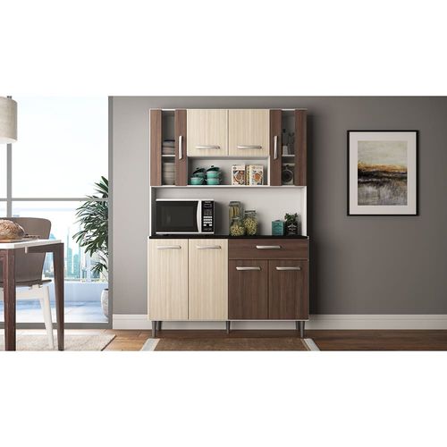 Cozinha Compacta Poliman Móveis Gabi com 8 Portas e 1 Gaveta - 120cm de largura Arena/Amêndoa