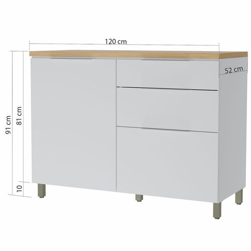 Balcão Nesher Marquesa em MDF 15mm com 1 Porta, 3 Gavetas e 1 Prateleira - 120cm de largura Branco/Nature