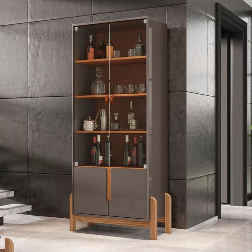 Cristaleira Casa D Lizz com 2 Portas em MDF e 2 Portas de Vidro Cinza Perola e Cedro