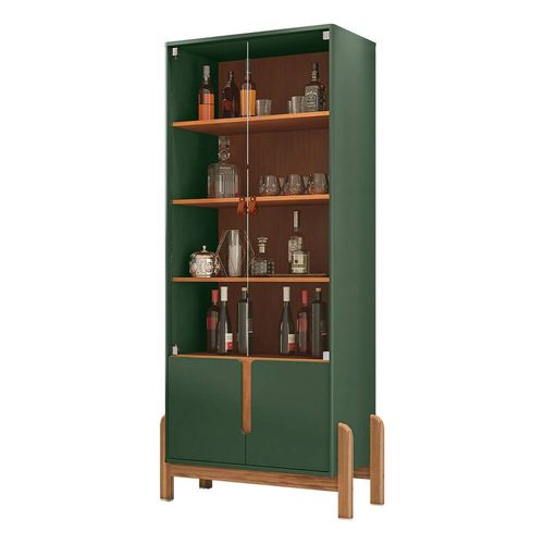 Cristaleira Casa D Lizz com 2 Portas em MDF e 2 Portas de Vidro Verde Oliva e Cedro