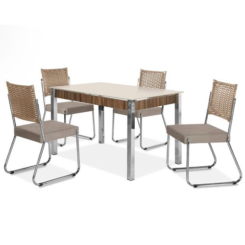 Mesa de Jantar Aço Nobre Claudia com Tampo Kanon Multi e 4 Cadeiras - Bege/Cromado/Nogal/Off White