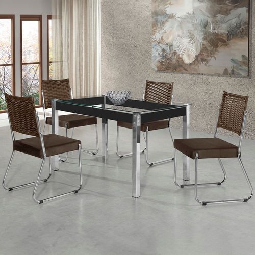 Mesa de Jantar Aço Nobre Claudia com Tampo Kanon e 4 Cadeiras - Cromado/Preto/Chocolate/Marrom