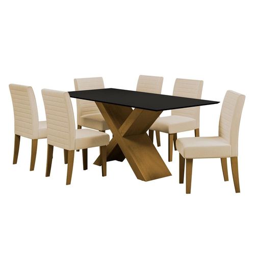 Mesa de Jantar Dobuê Creta Light 180x90 com 6 Cadeiras Estofadas Carvalho/Preto/Bege