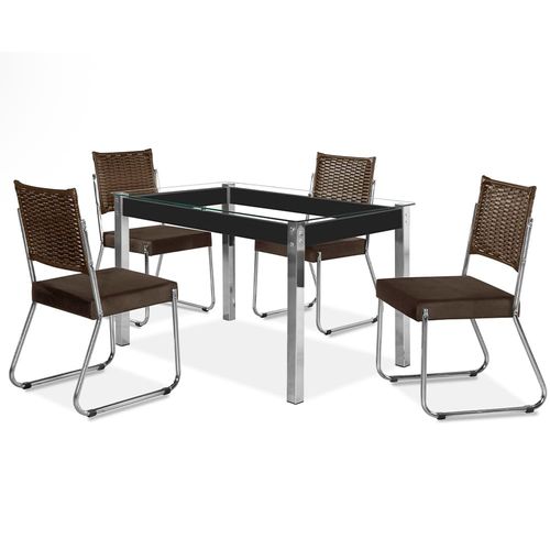 Mesa de Jantar Aço Nobre Claudia com Tampo Kanon e 4 Cadeiras - Cromado/Preto/Chocolate/Marrom