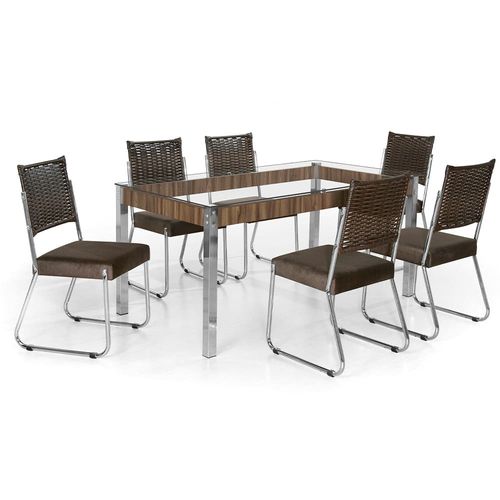 Mesa de Jantar Aço Nobre Cláudia com Tampo Kanon e 6 Cadeiras - Cromado/Nogal/Chocolate/Marrom