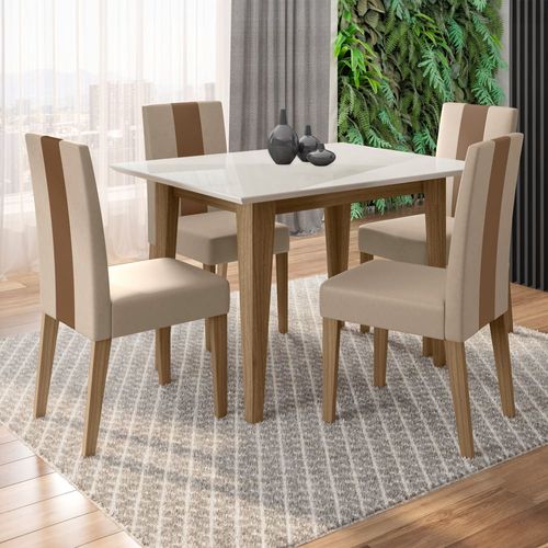 Conjunto de Sala de Jantar Mesa Belle com Tampo de Vidro e 4 cadeiras Poliman Carvalho/Off White