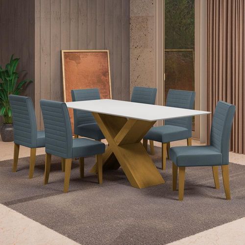 Mesa de Jantar Dobuê Creta Light 180x90 com 6 Cadeiras Estofadas Carvalho/Branco Off White/Grafite