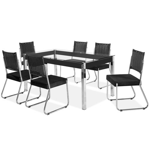 Mesa de Jantar Aço Nobre Cláudia com Tampo Kanon e 6 Cadeiras - Cromado/Preto/Preto