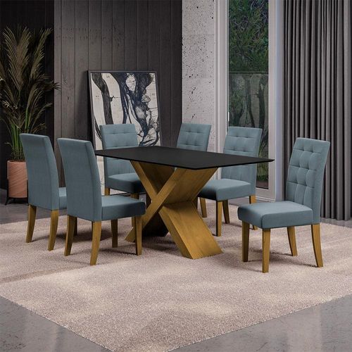 Mesa de Jantar Dobuê Dubai Light 160x90 com 6 Cadeiras Estofadas Carvalho/Preto/Grafite