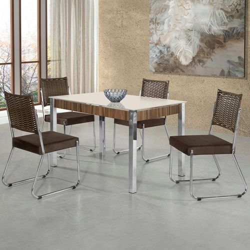 Mesa de Jantar Aço Nobre Cláudia com Tampo Kanon Multi e 4 Cadeiras - Off White/Cromado/Nogal/Chocolate/Marrom