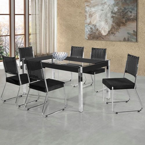 Mesa de Jantar Aço Nobre Cláudia com Tampo Kanon e 6 Cadeiras - Cromado/Preto/Preto