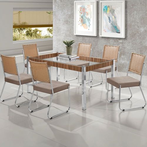 Mesa de Jantar Aço Nobre Claudia com Tampo Kanon e 6 Cadeiras - Bege/Cromado/Nogal