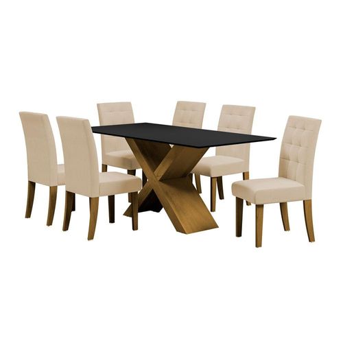 Mesa de Jantar Dobuê Dubai Light 180x90 com 6 Cadeiras Estofadas Carvalho/Preto/Bege