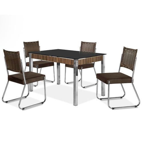 Mesa de Jantar Aço Nobre Cláudia com Tampo Kanon Multi e 4 Cadeiras - Preto/Cromado/Nogal/Chocolate/Marrom