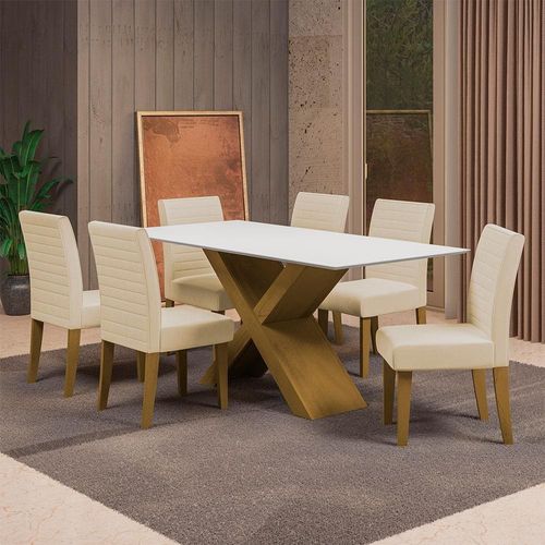 Mesa de Jantar Dobuê Creta Light 180x90 com 6 Cadeiras Estofadas Carvalho/Branco Off White/Bege