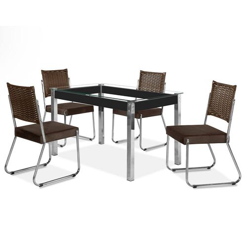 Mesa de Jantar Aço Nobre Cláudia com Tampo Kanon e 4 Cadeiras - Cromado/Preto/Chocolate/Marrom