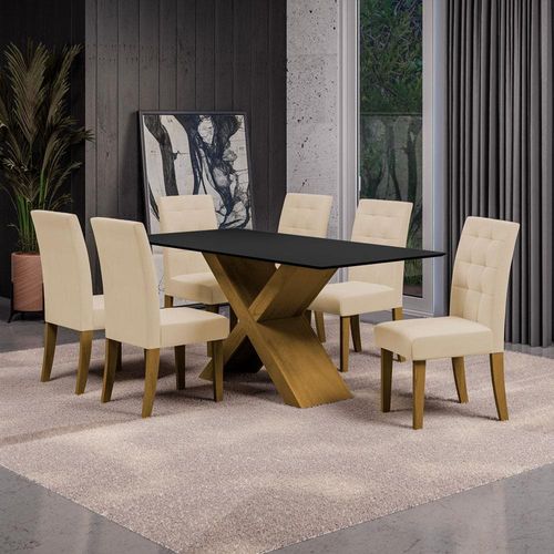 Mesa de Jantar Dobuê Dubai Light 180x90 com 6 Cadeiras Estofadas Carvalho/Preto/Bege