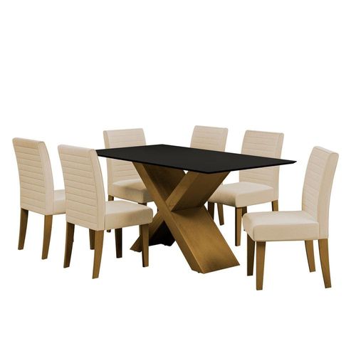 Mesa de Jantar Dobuê Creta Light 160x90 com 6 Cadeiras Estofadas Carvalho/Preto/Bege