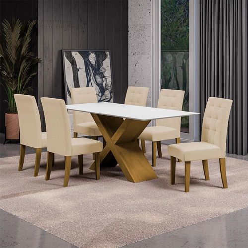 Mesa de Jantar Dobuê Dubai Light 180x90 com 6 Cadeiras Estofadas Carvalho/Branco Off White/Bege