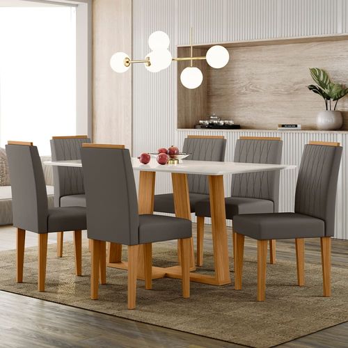 Mesa de Jantar Retangular New Ceval Amsterdam com 6 Cadeiras Estofadas e Revestidas Ypê, Off White e Cappuccino