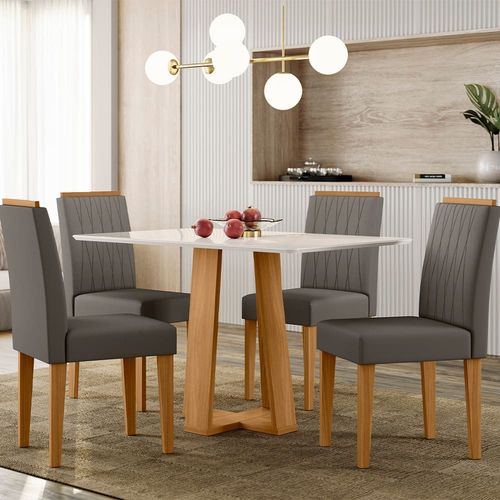 Mesa de Jantar Retangular New Ceval Amsterdam com 4 Cadeiras Estofadas e Revestidas Ypê, Off White e Cappuccino