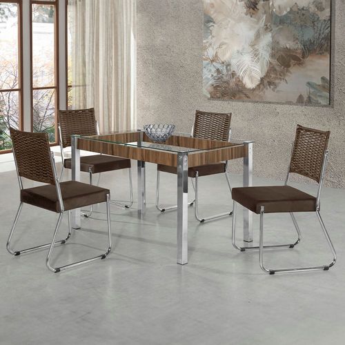 Mesa de Jantar Aço Nobre Claudia com Tampo Kanon e 4 Cadeiras - Cromado/Nogal/Chocolate/Marrom Cromado, Nogal, Chocolate e Marrom
