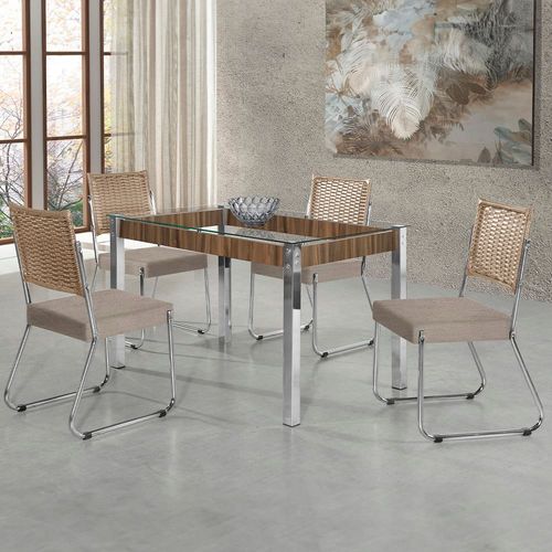 Mesa de Jantar Aço Nobre Claudia com Tampo Kanon e 4 Cadeiras - Bege/Cromado/Nogal