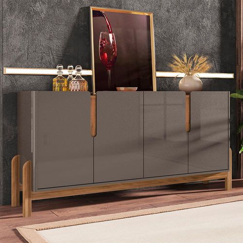 Buffet Casa D Lizz com 4 Portas e 2 Prateleiras – 170 cm de Largura Cinza Perola e Cedro