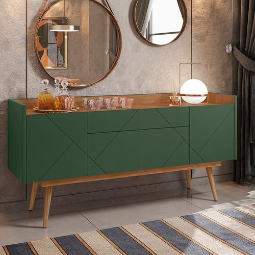 Buffet Casa D Veneza MDF e MDP com 4 Portas e 2 Gavetas Verde Oliva e Cedro