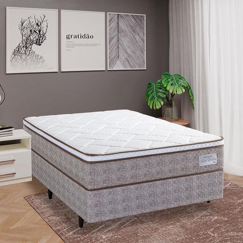 Cama Box de Casal Herval New Berlim com Euro Pillow, Molas Ensacadas 59x138x188 cm - Palha/Bege/Branco