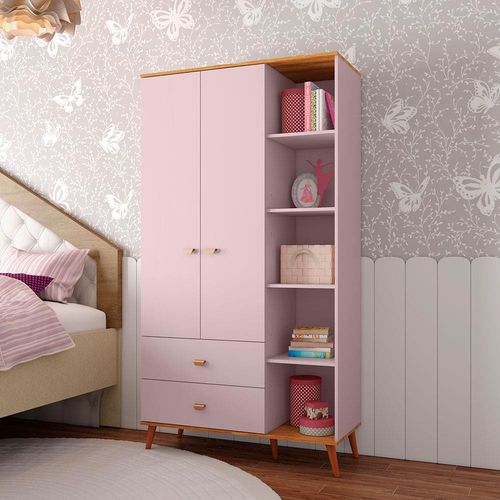 Guarda-Roupa Infantil Bartira Ternura com 5 Nichos, 2 Portas, 2 Gavetas e 106,8 cm de Largura Rosa Wood