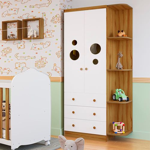 Guarda-Roupa Infantil Peroba Duda Plus com 2 Portas, 3 Gavetas, 5 Prateleiras e 86 cm de Largura Branco e Amêndoa