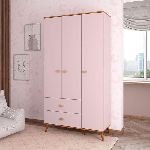 Guarda-Roupa Infantil Bartira Ternura com 3 Portas, 2 Gavetas e 106,8 cm de Largura Rosa Wood