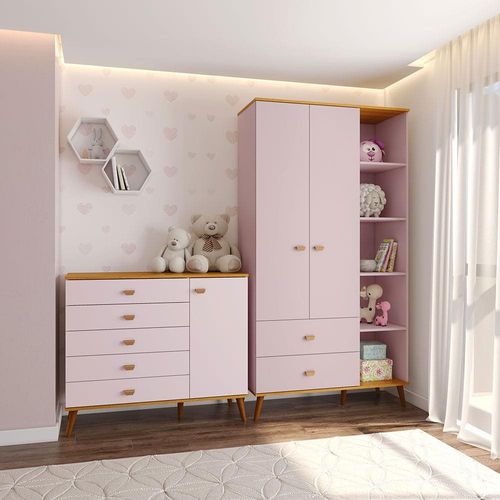 Guarda-Roupa Bartira Ternura com 5 Nichos, 2 Portas, 2 Gavetas + Cômoda Bartira Ternura com 5 Gavetas e 1 Porta - Rosa Wood