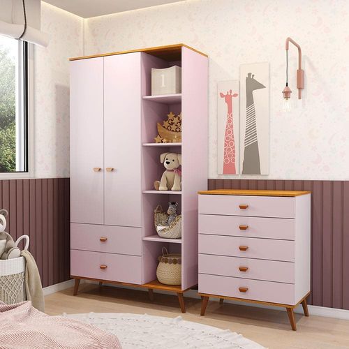 Guarda-Roupa Bartira Ternura com 5 Nichos, 2 Portas, 2 Gavetas + Cômoda Infantil Bartira Ternura com 5 Gavetas - Rosa Wood
