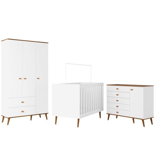 Guarda-Roupa Bartira Ternura com 3 Portas, 2 Gavetas + Cômoda Ternura com 5 Gavetas e 1 Porta + Berço Mini Cama Móveis Estrela Ternura - Branco Wood