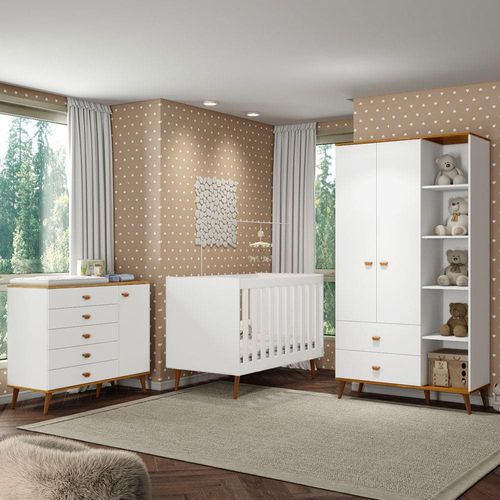 Guarda-Roupa Bartira Ternura com 5 Nichos, 2 Portas, 2 Gavetas + Cômoda Ternura com 5 Gavetas e 1 Porta + Berço Móveis Estrela Ternura - Branco Wood