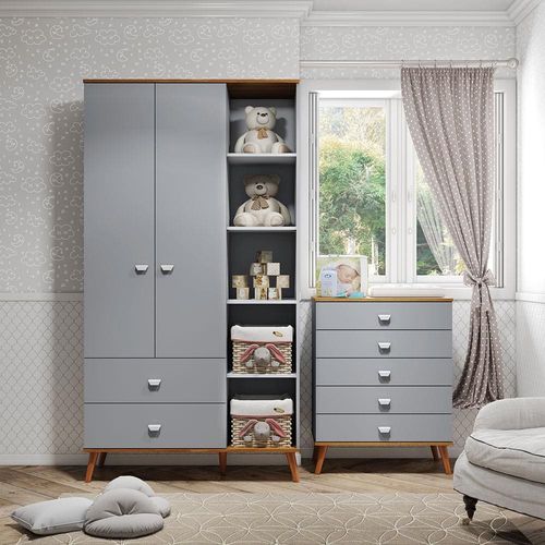 Guarda-Roupa Bartira Ternura com 5 Nichos, 2 Portas, 2 Gavetas + Cômoda Infantil Bartira Ternura com 5 Gavetas - Azul Wood