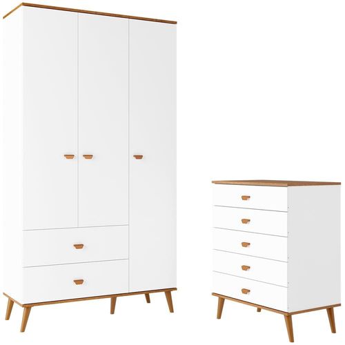 Guarda-Roupa Bartira Ternura com 3 Portas, 2 Gavetas + Cômoda Bartira Ternura com 5 Gavetas - Branco Wood