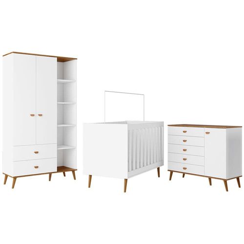 Guarda-Roupa Bartira Ternura com 5 Nichos, 2 Portas, 2 Gavetas + Cômoda Ternura com 5 Gavetas e 1 Porta + Berço Móveis Estrela Ternura - Branco Wood