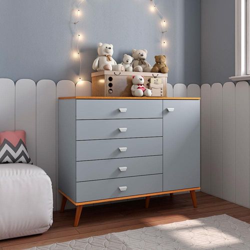 Cômoda Infantil Bartira Ternura com 5 Gavetas e 1 Porta, com 106,8 cm de Largura Azul Wood