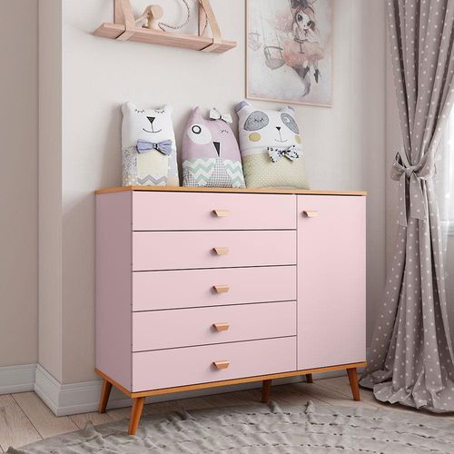 Cômoda Infantil Bartira Ternura com 5 Gavetas e 1 Porta, com 106,8 cm de Largura Rosa Wood