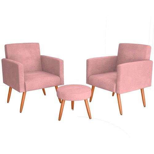 Conjunto de Poltronas Matrix Dallas com Puff e Revestimento em Tecido Veludo Rosa