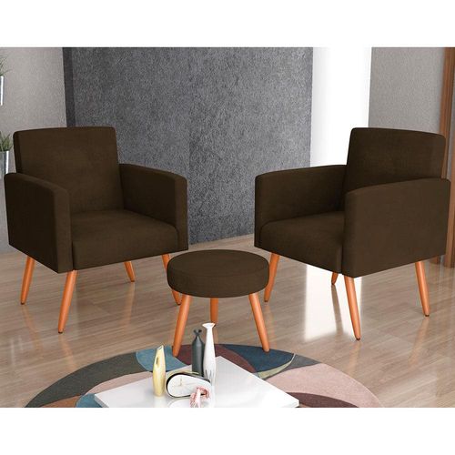Conjunto de Poltronas Matrix Dallas com Puff e Revestimento em Tecido Veludo Marrom