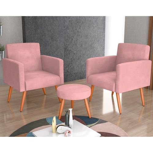 Conjunto de Poltronas Matrix Dallas com Puff e Revestimento em Tecido Veludo Rosa