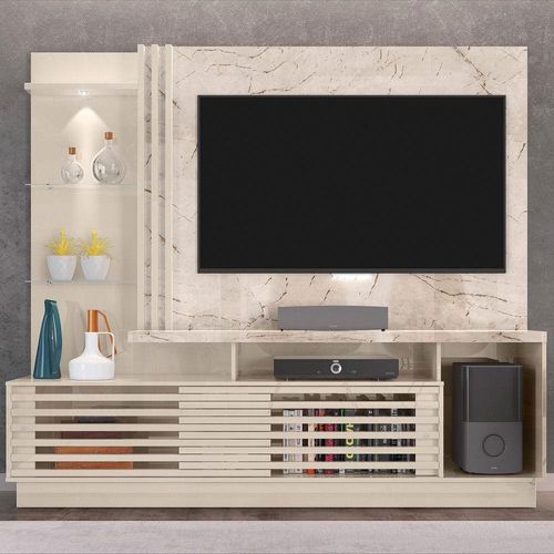Estante Home Madetec Cross com 200 cm de Largura, 2 Portas e Nicho, Ideal para TV de até 60” Calacata/Off White