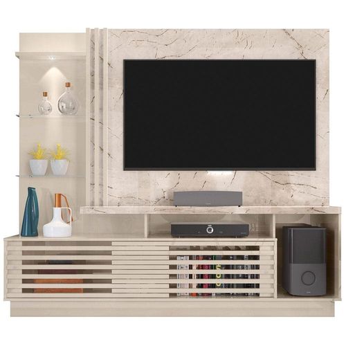 Estante Home Madetec Cross com 200 cm de Largura, 2 Portas e Nicho, Ideal para TV de até 60” Calacata/Off White